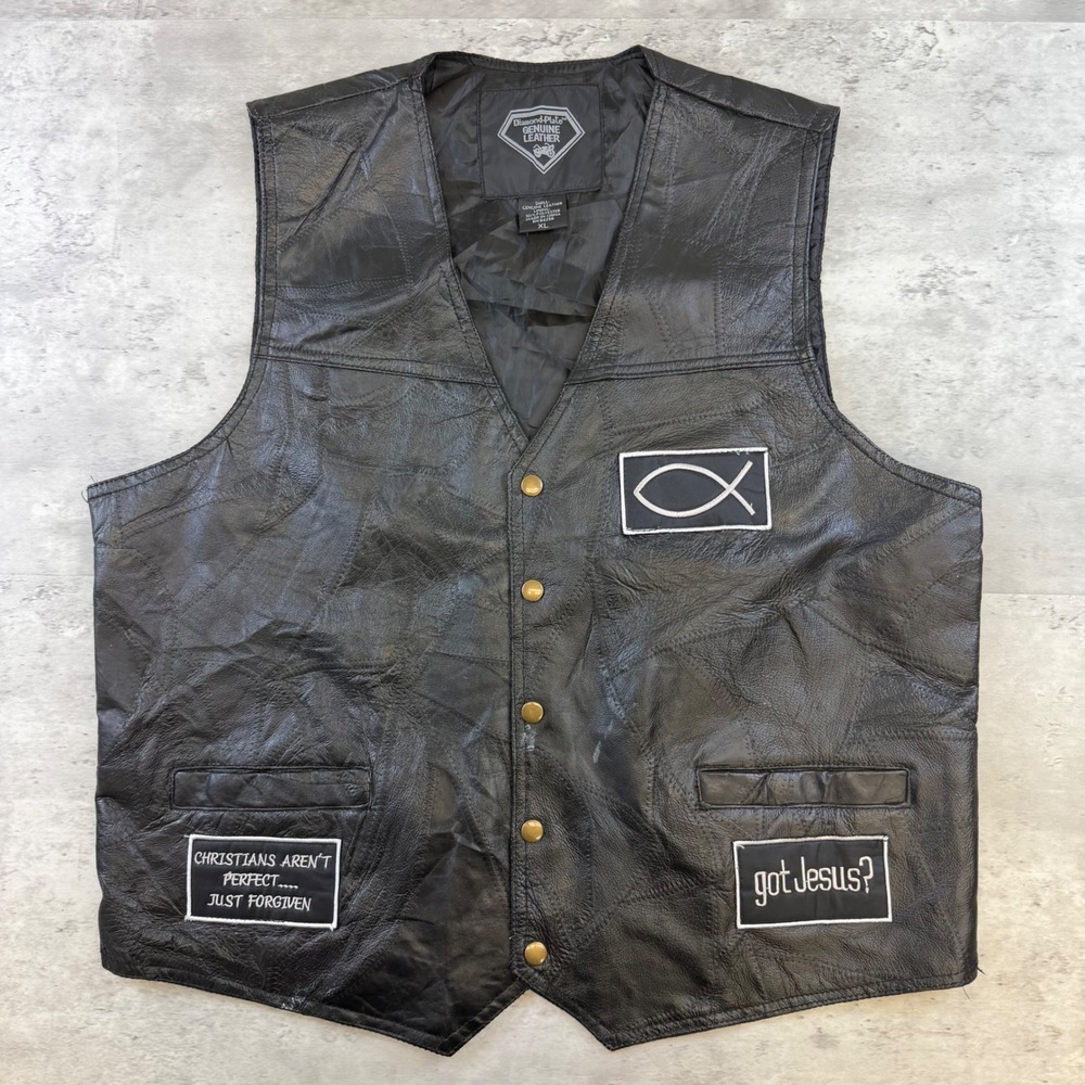 Diamond Plate Mens XL Black Leather Biker Vest Christian Eagle